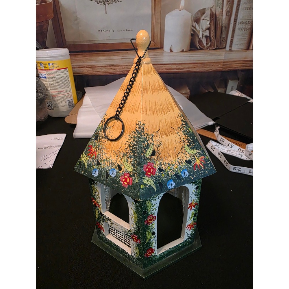 Hand Painted Wooden Birdhouse Floral Cottage Garden Decor Hexagon Hanging 12in